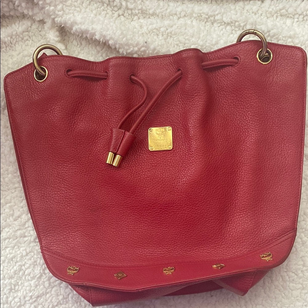 MCM Red Leather Bucket Bag